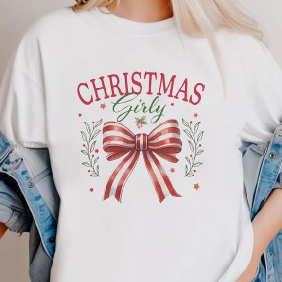 Ladies White Christmas Girly Coquette Bow Crew Neck Tee - Picture 2 of 2